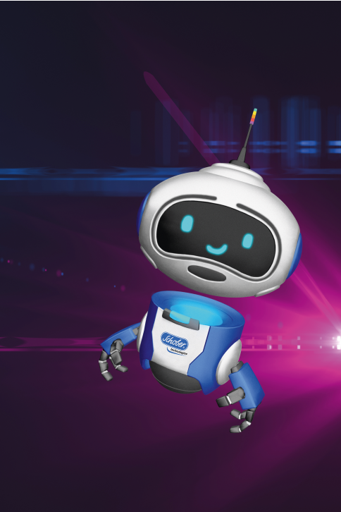 Schobi schwebt auf Technovation-Hintergrund