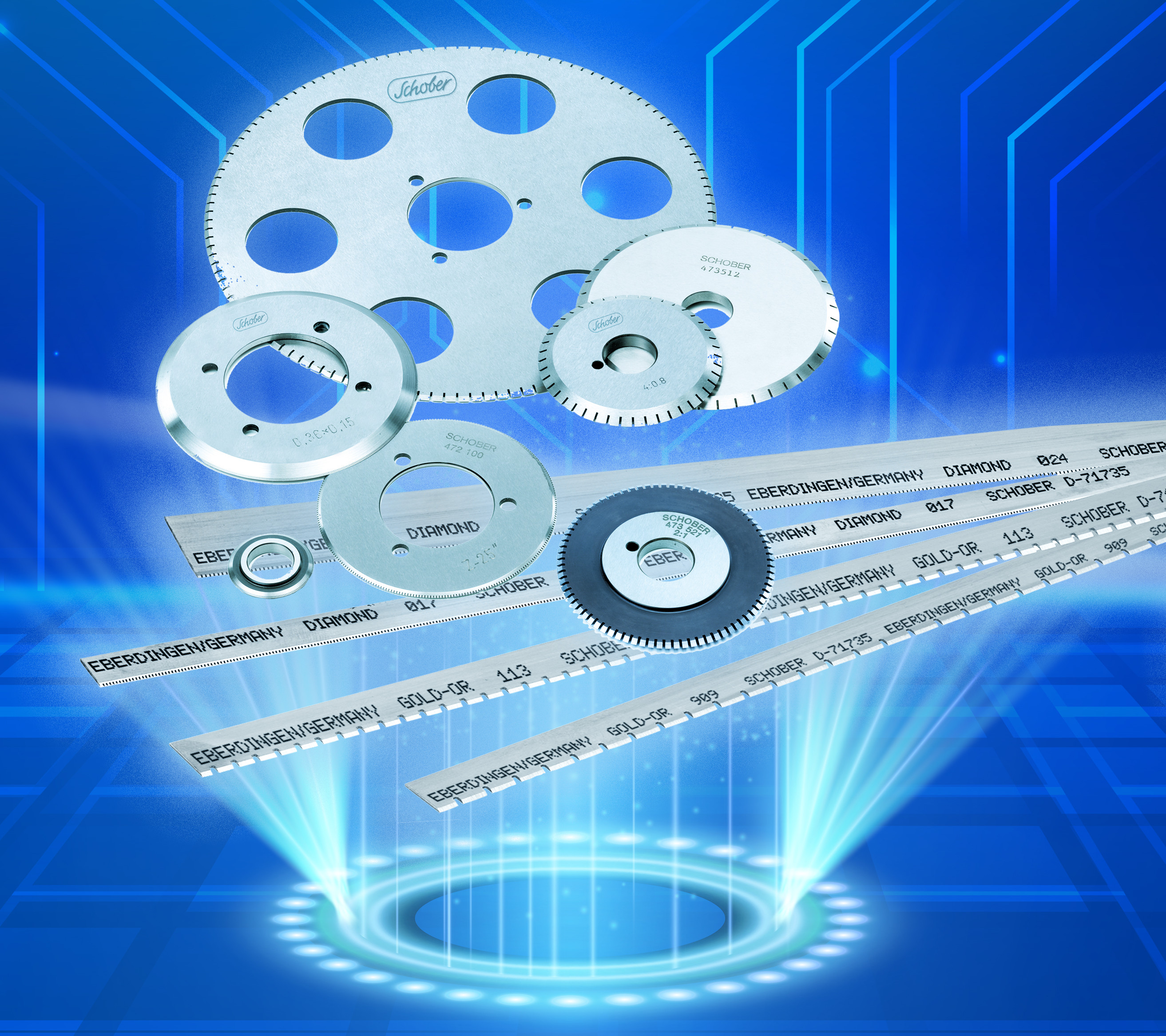 Kreismesser und Perforierlinien schweben in Lichtstrahlen.