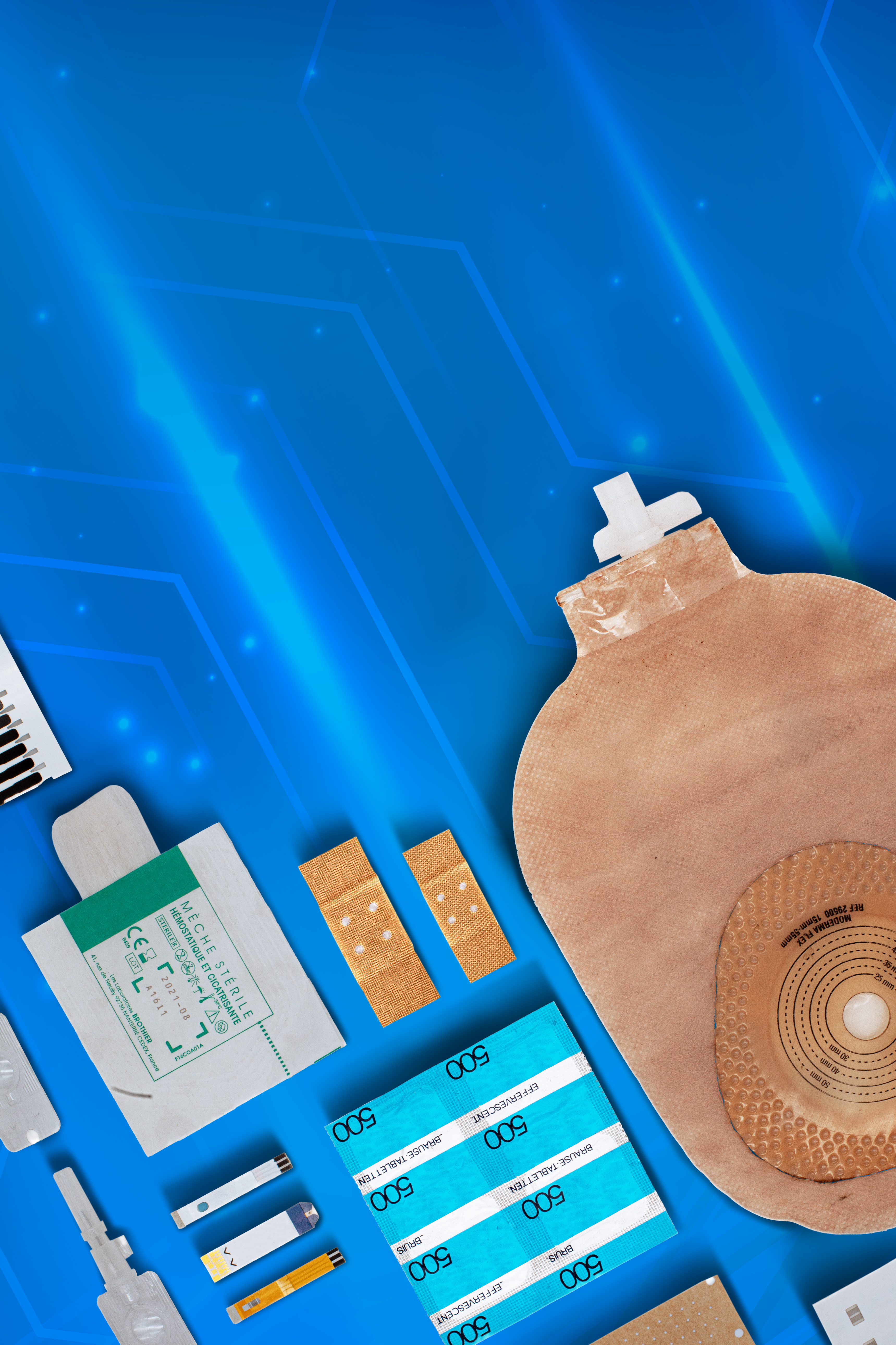Medizinische Produkte auf futuristischem blauen Hintergrund
