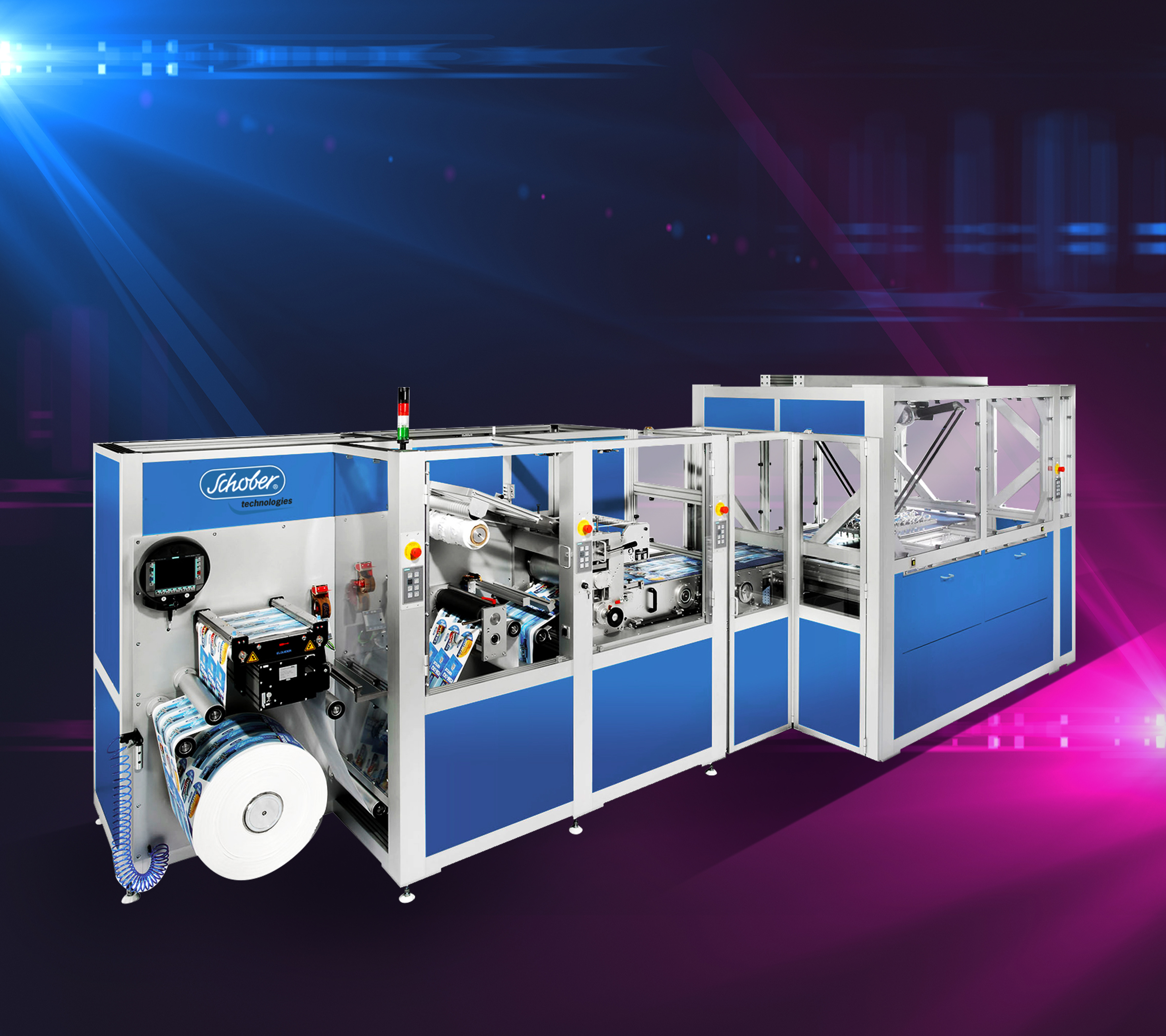 Schobertechnologies RSM410 IML/MX-DIGI-VARICUT-Maschine auf futuristischem pink-blauen Hintergrund