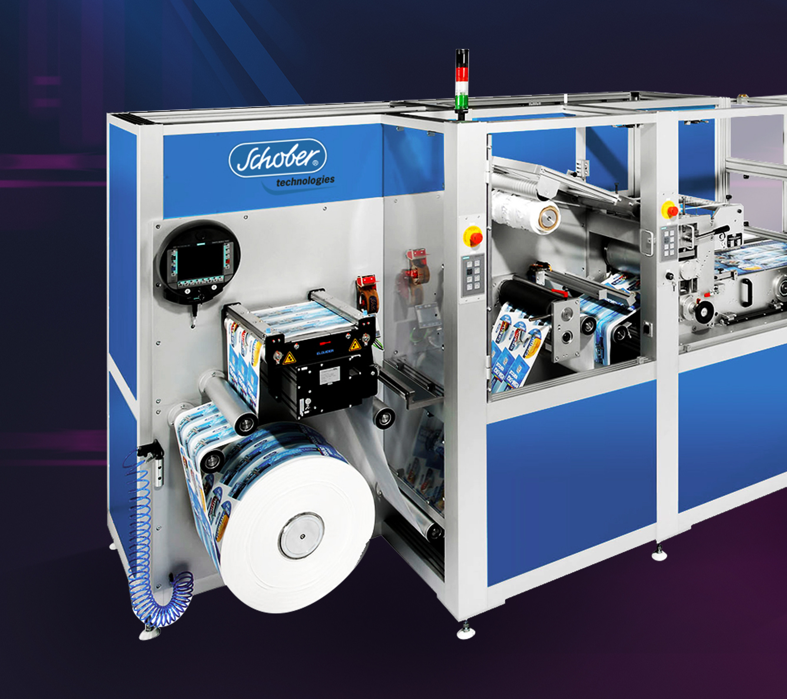 Schobertechnologies RSM410 IML/MX-DIGI-VARICUT-Maschine auf futuristischem pink-blauen Hintergrund