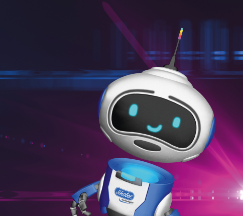 Schobi schwebt auf Technovation-Hintergrund