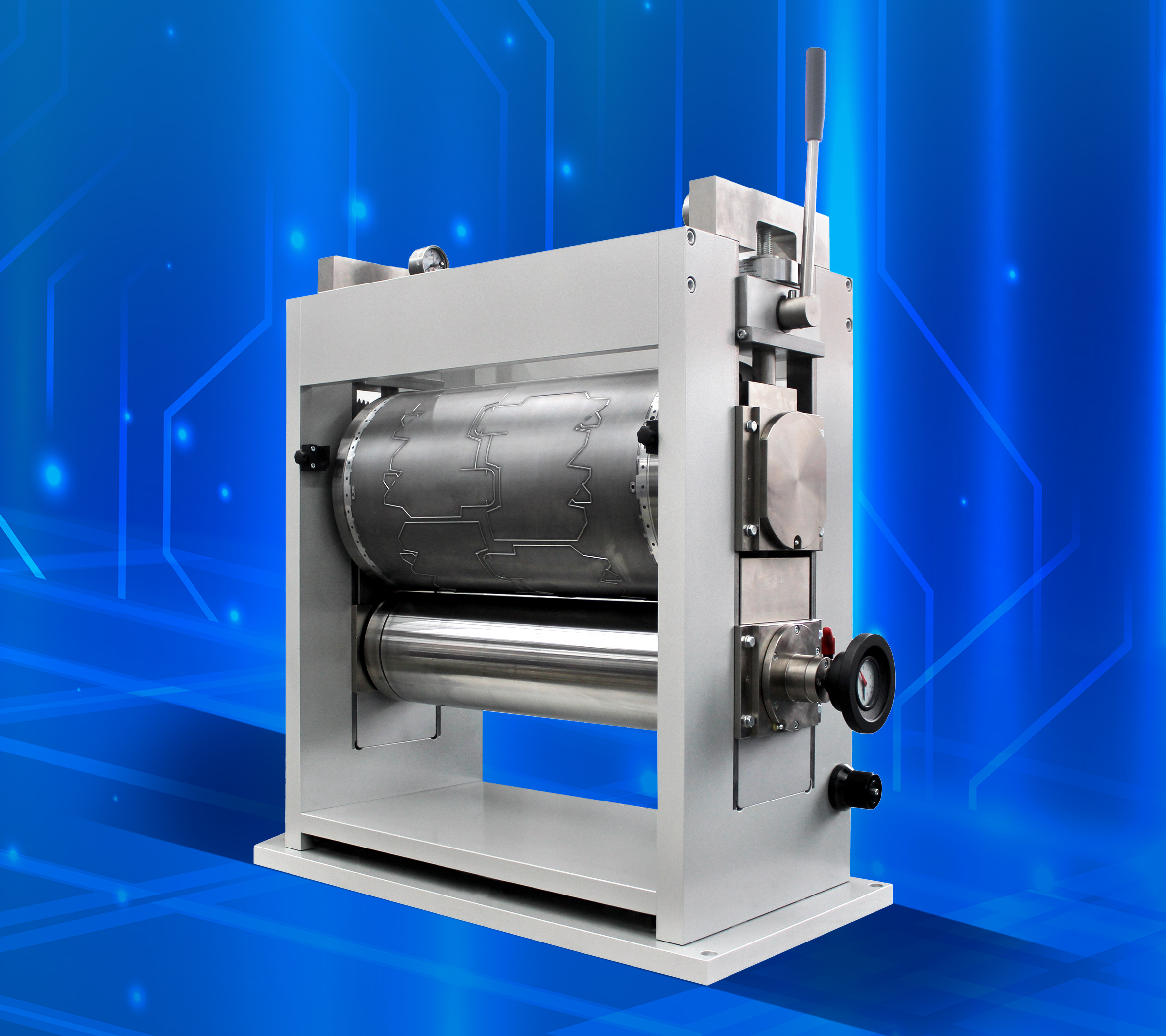 Ein Magnetzylinder-Aggregat steht auf blauem Hintergrund.