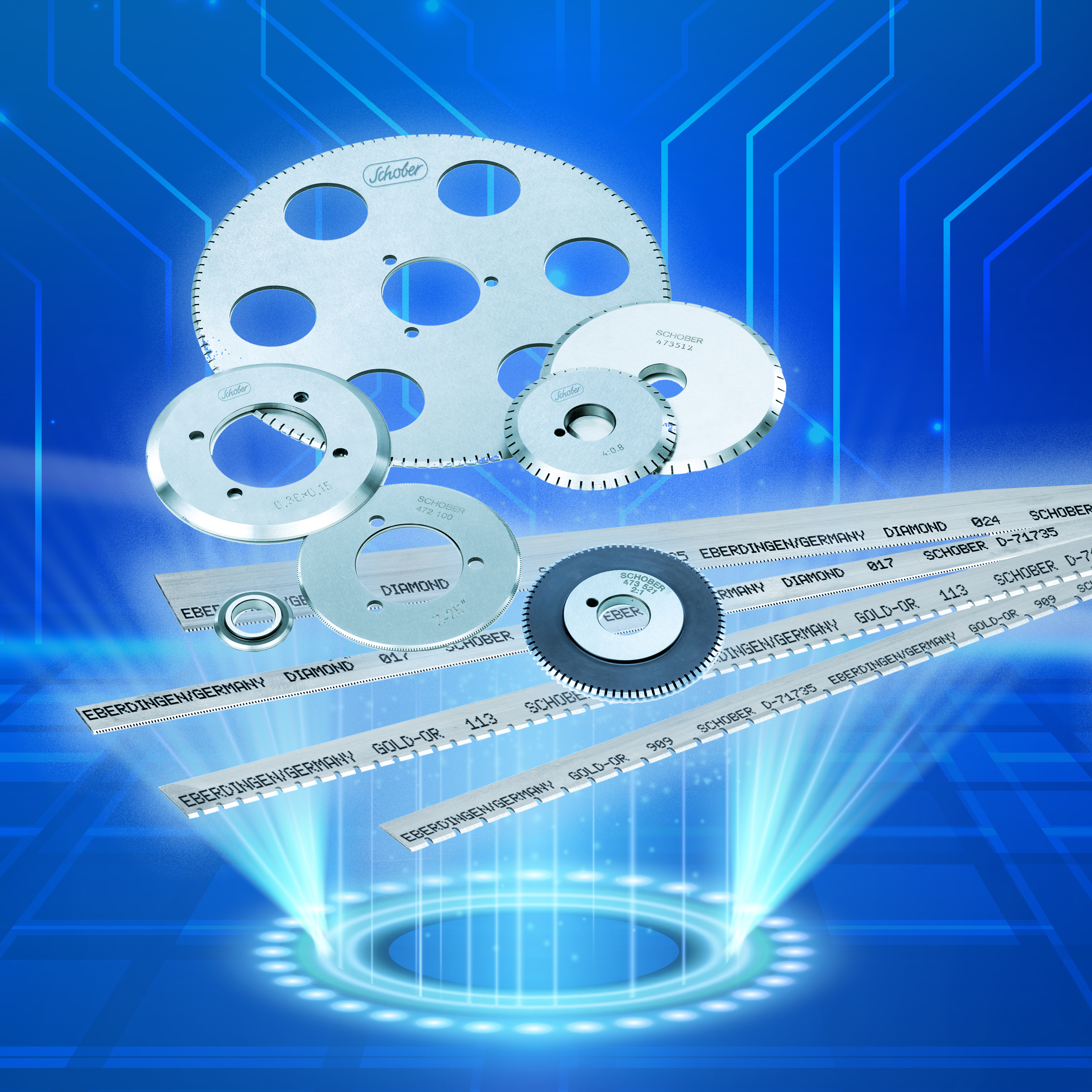 Kreismesser und Perforierlinien schweben in Lichtstrahlen.