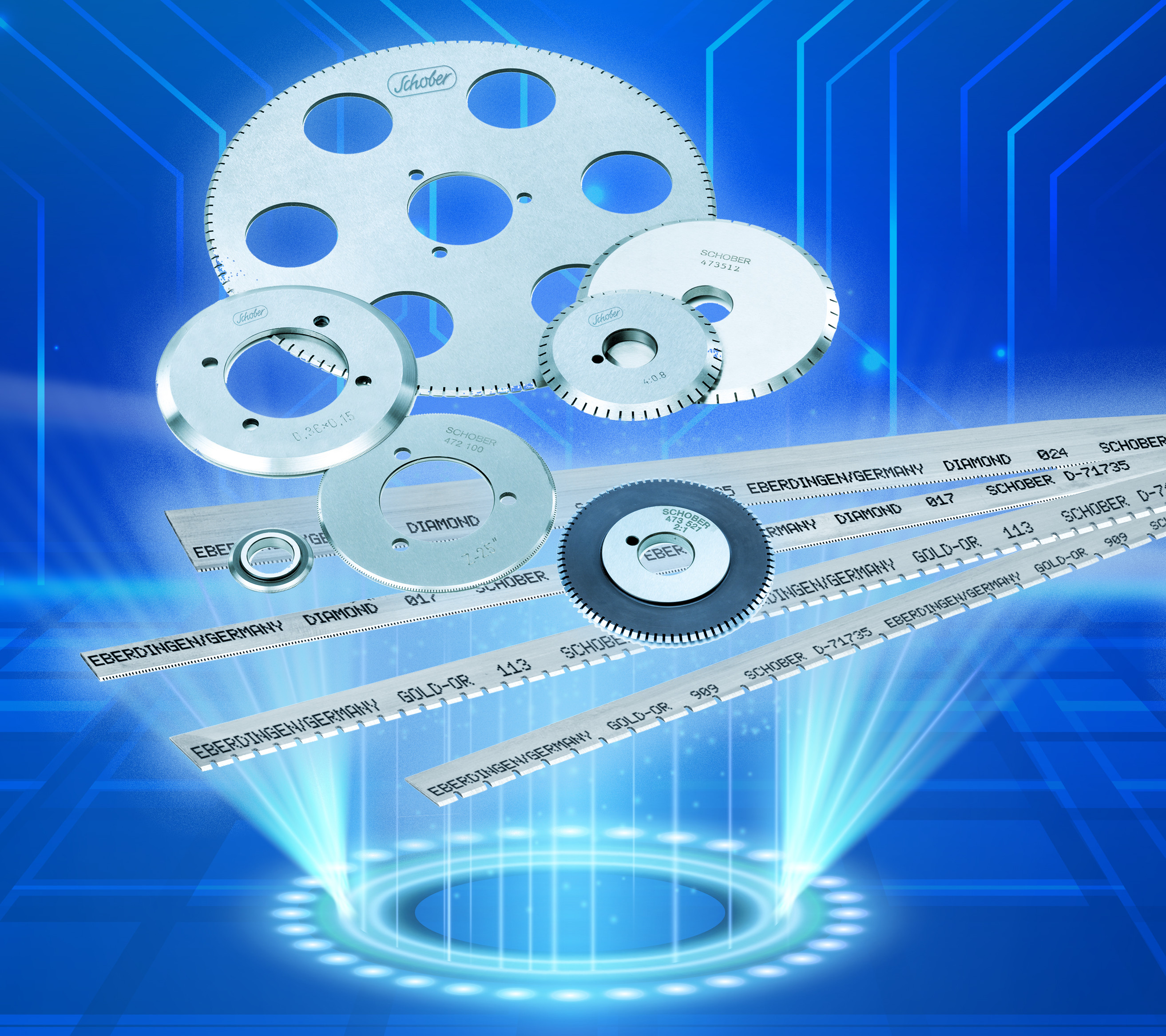 Kreismesser und Perforierlinien schweben in Lichtstrahlen.