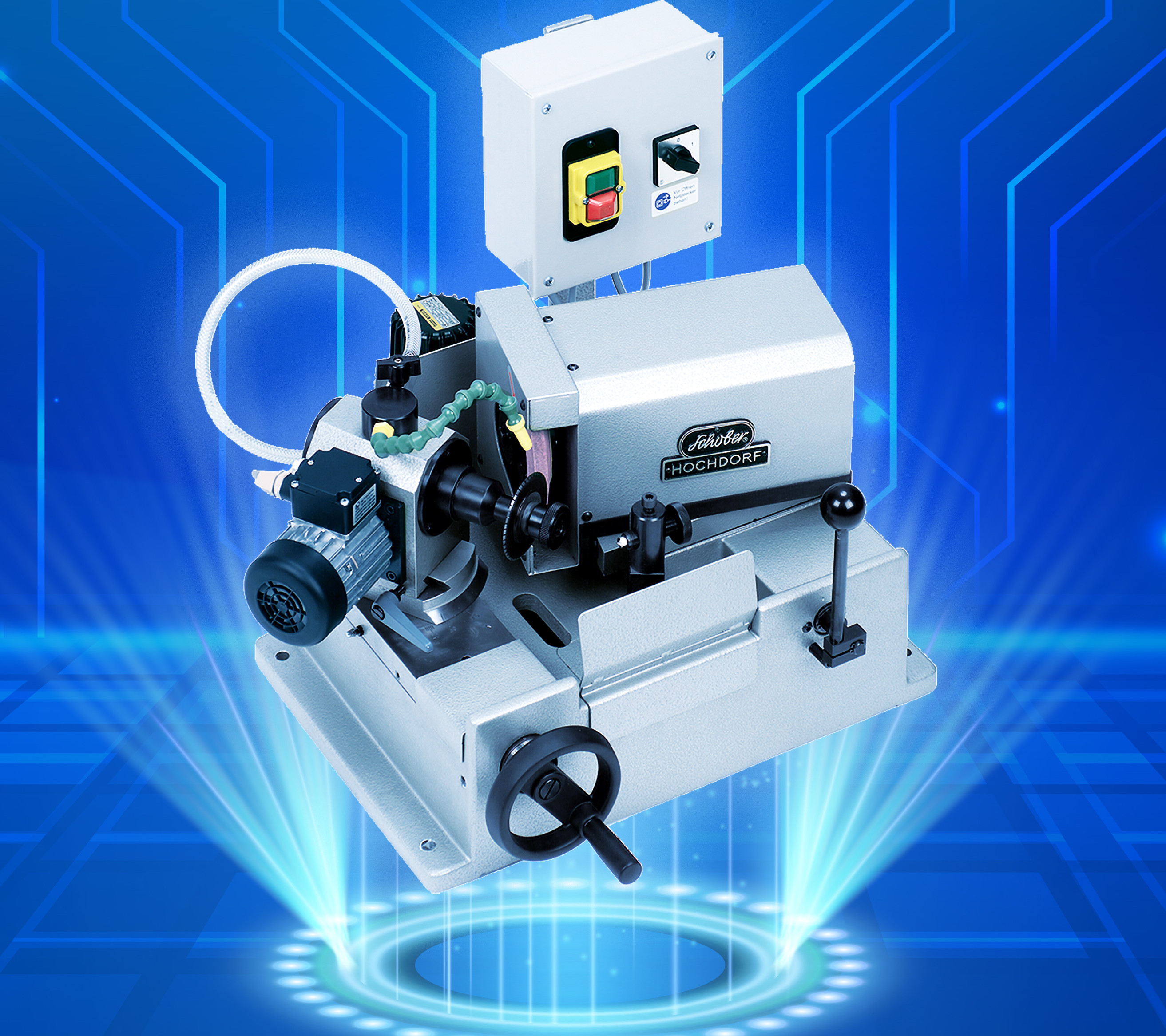 Kreismesserschleifmaschine schwebt in Lichtstrahlen